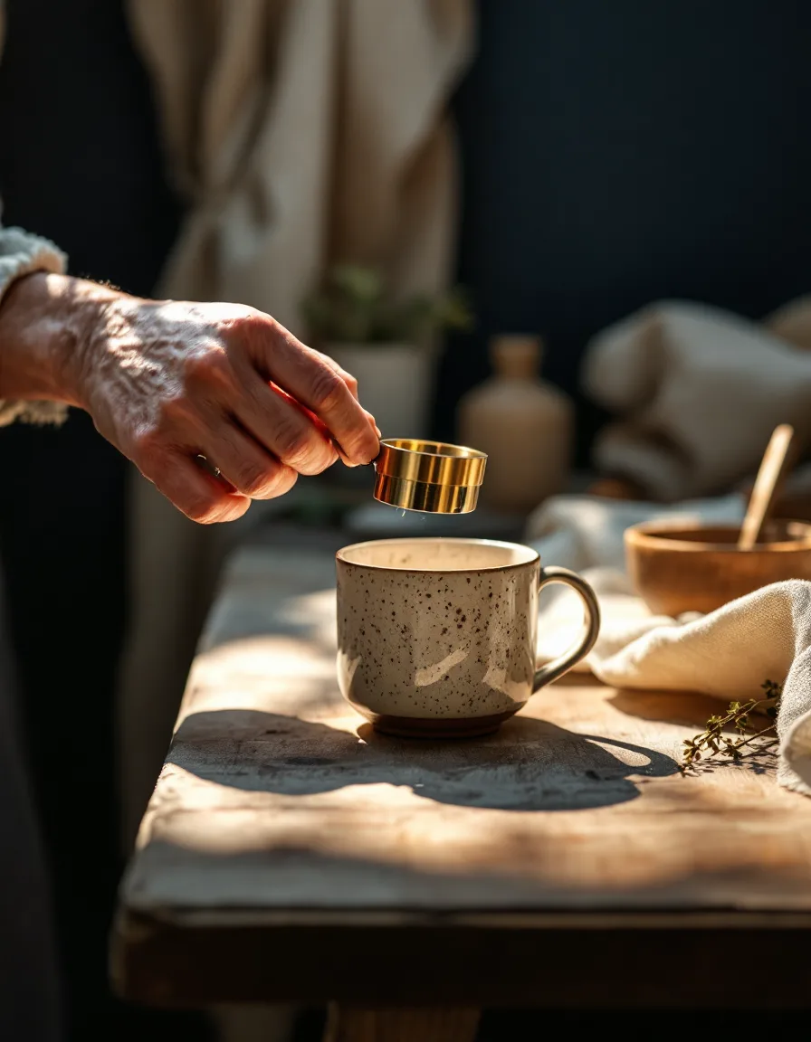 A photographer’s hands nudging a speckled stoneware bowl into place on a linen-covered oak board