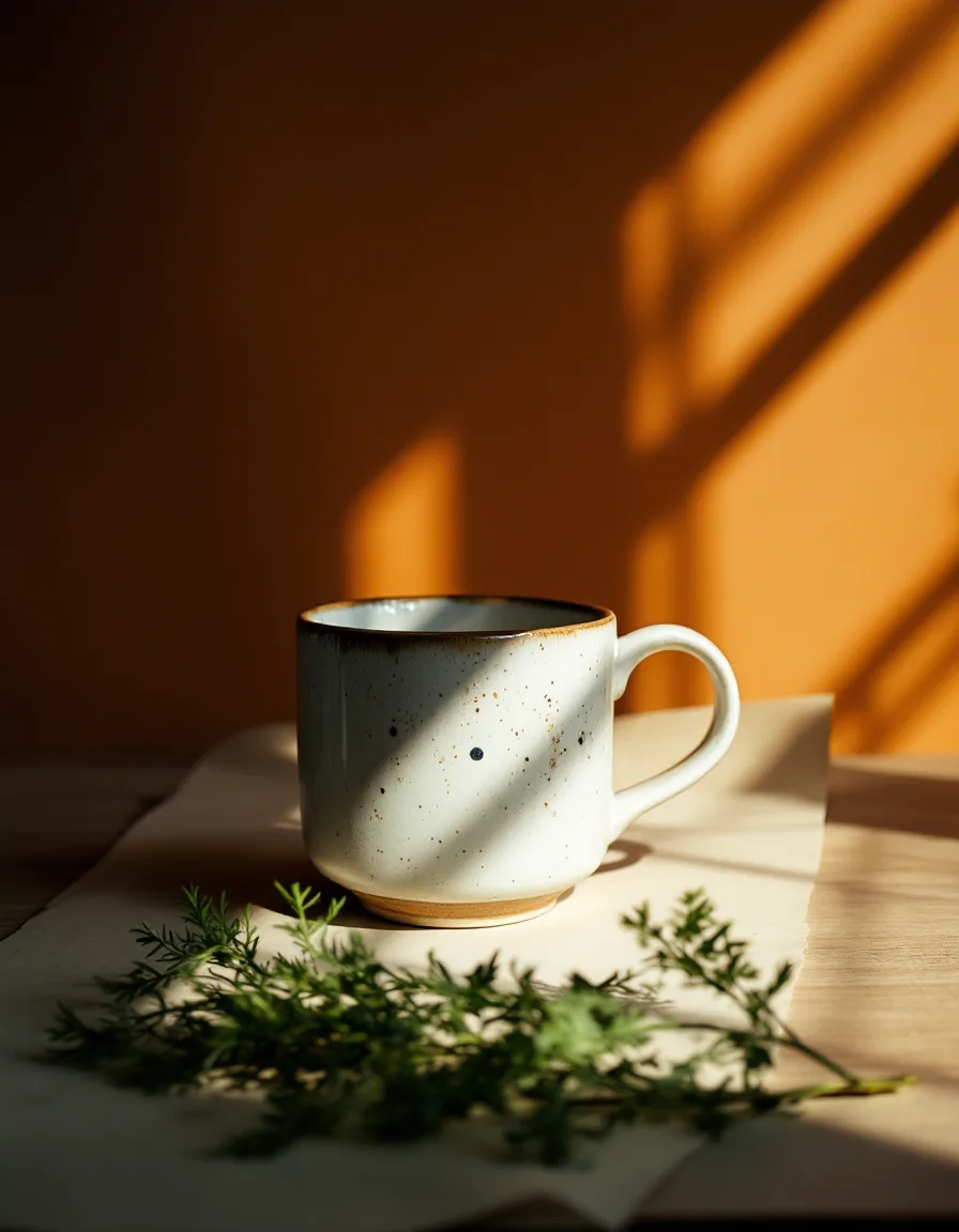 A speckled stoneware mug and carafe on an oak table, cut by a diagonal shaft of window light in a dark studio