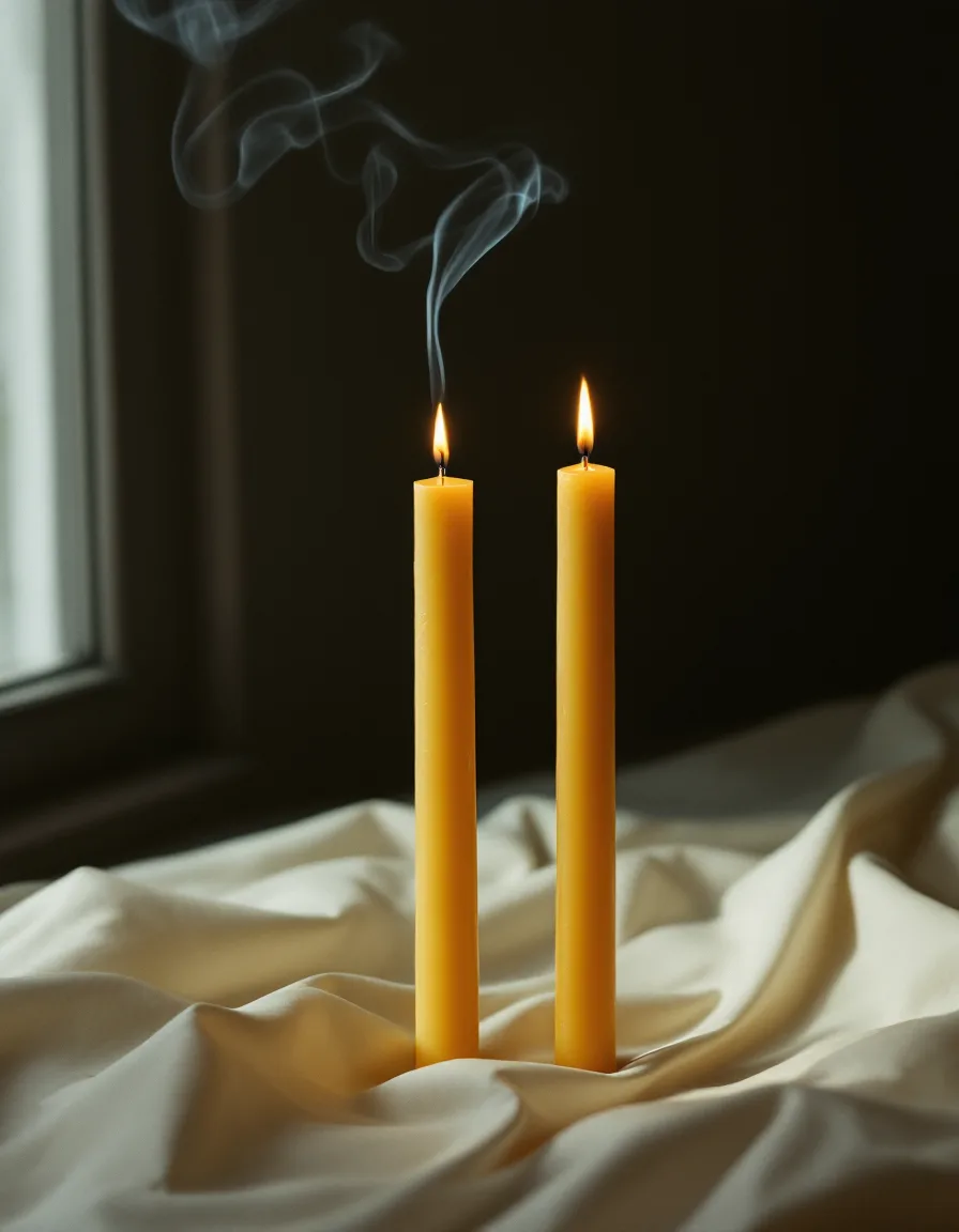 Two hand-dipped beeswax tapers on a paper sweep, a curl of smoke lit by hard window light